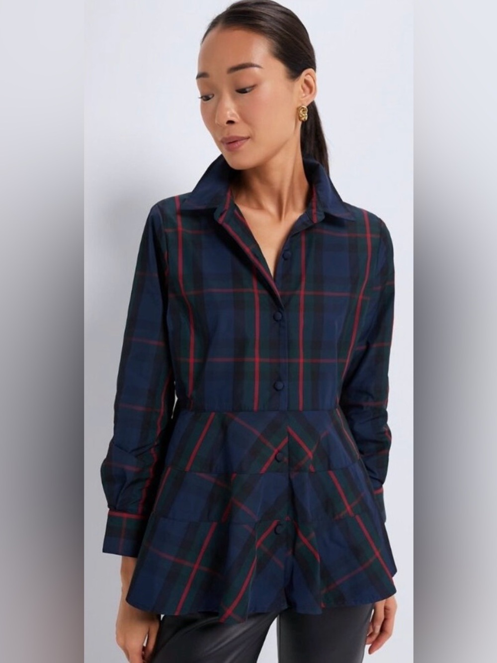 Tuckernuck Pomander Place Fraser Navy Plaid Ashlen Peplum Long Sleeve Blouse L